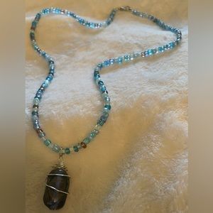 Handmade blue faux crystal silver wire wrapped beaded necklace